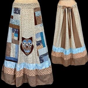 Patchwork appliqué owl long maxi bustle back skirt handmade floral nature bird‎